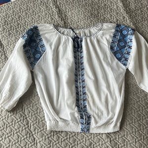 David‎ Albow Women's White Blue Embroidered Peasant Blouse Size S
